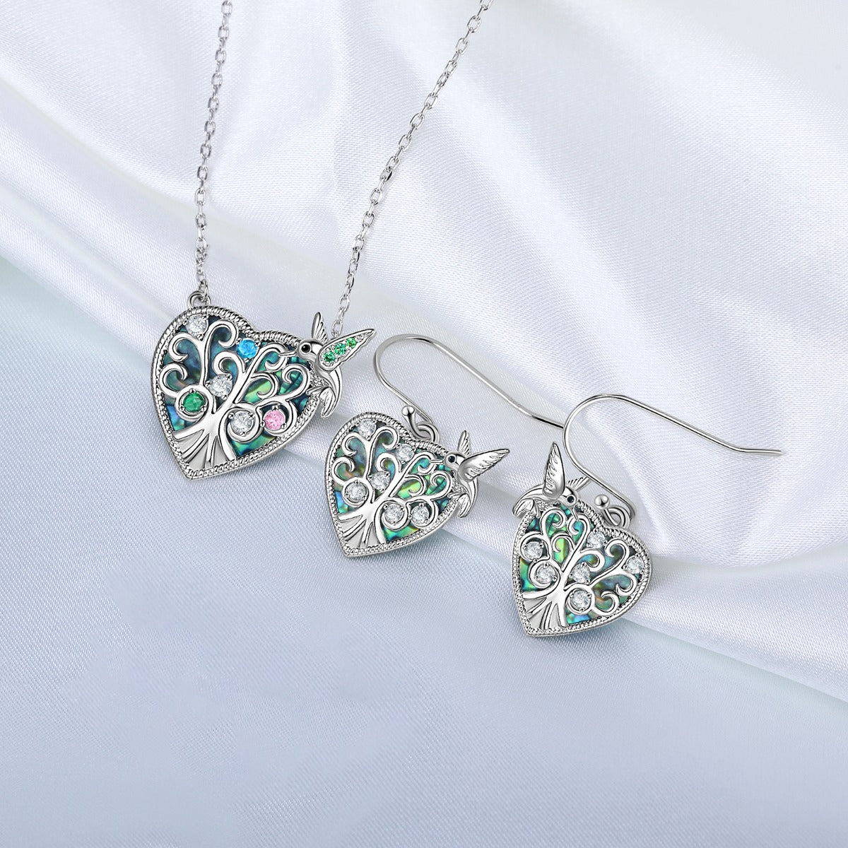 Rhodium Plated Bird and Tree Heart Shape Jewelry Set