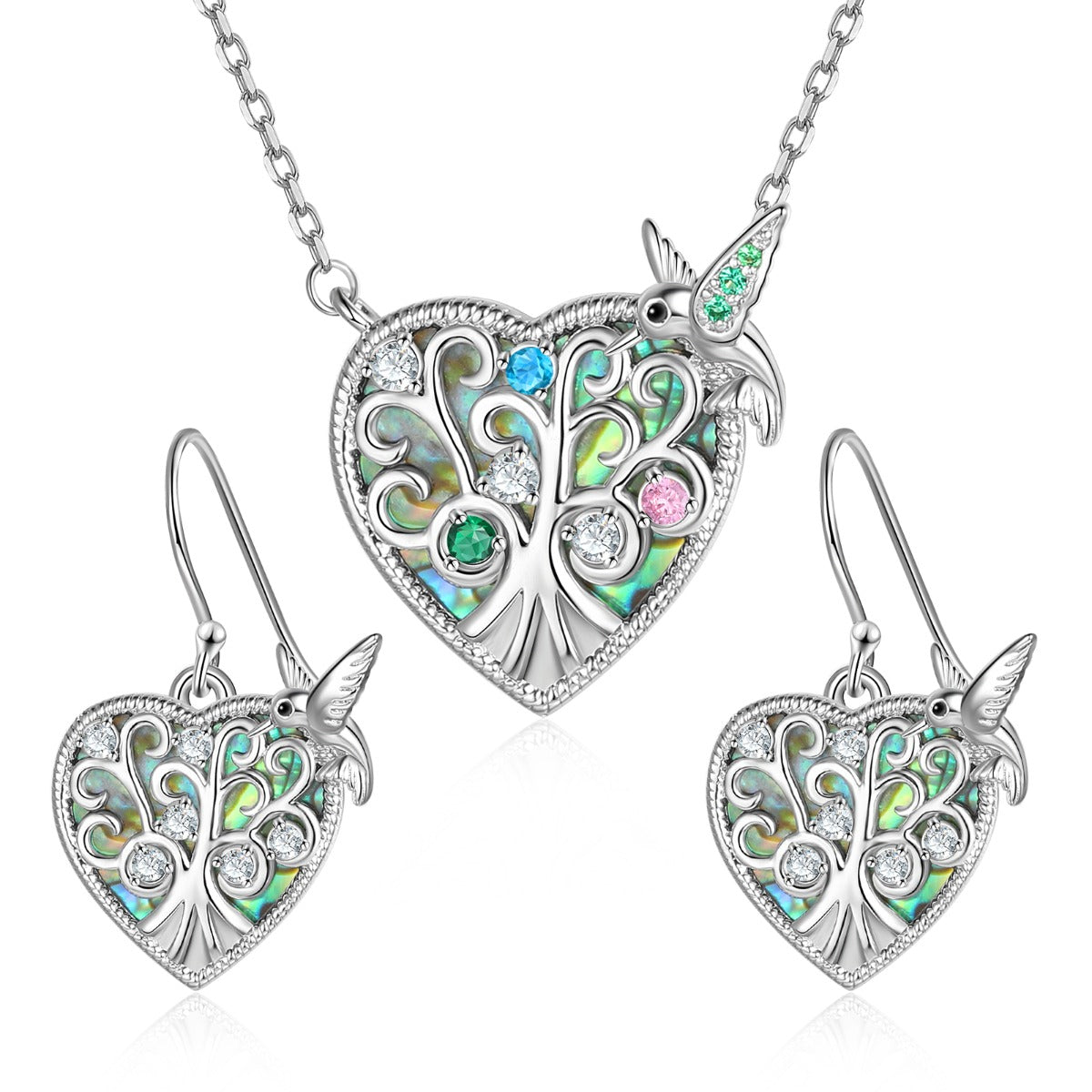 Rhodium Plated Bird and Tree Heart Shape Jewelry Set