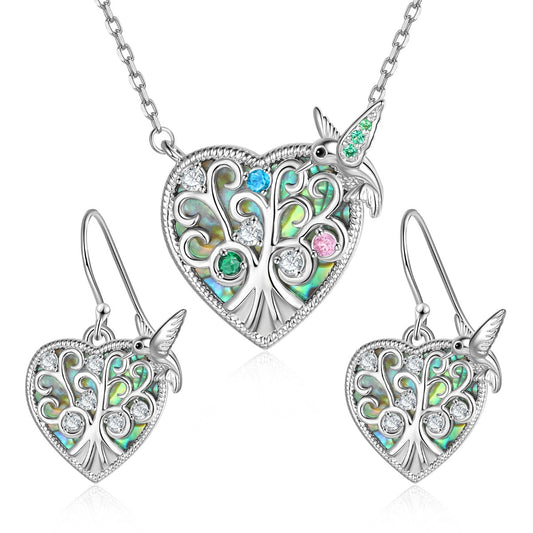 Rhodium Plated Bird and Tree Heart Shape Jewelry Set