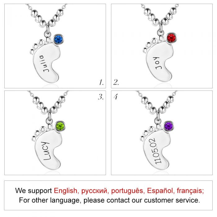 Personalized 925 Sterling Silver Birthstone Little Feet Artistical Name Necklace