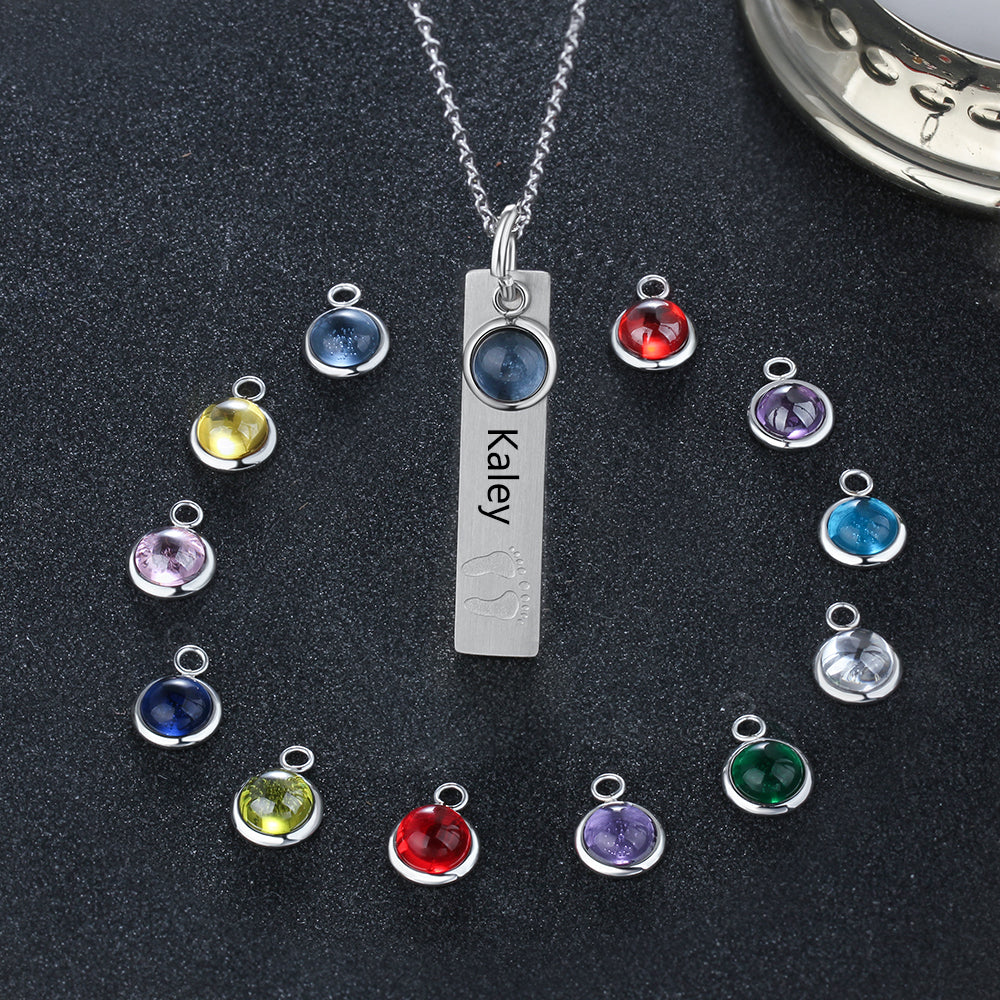 Birthstone & Engraved Stainless Steel Necklace