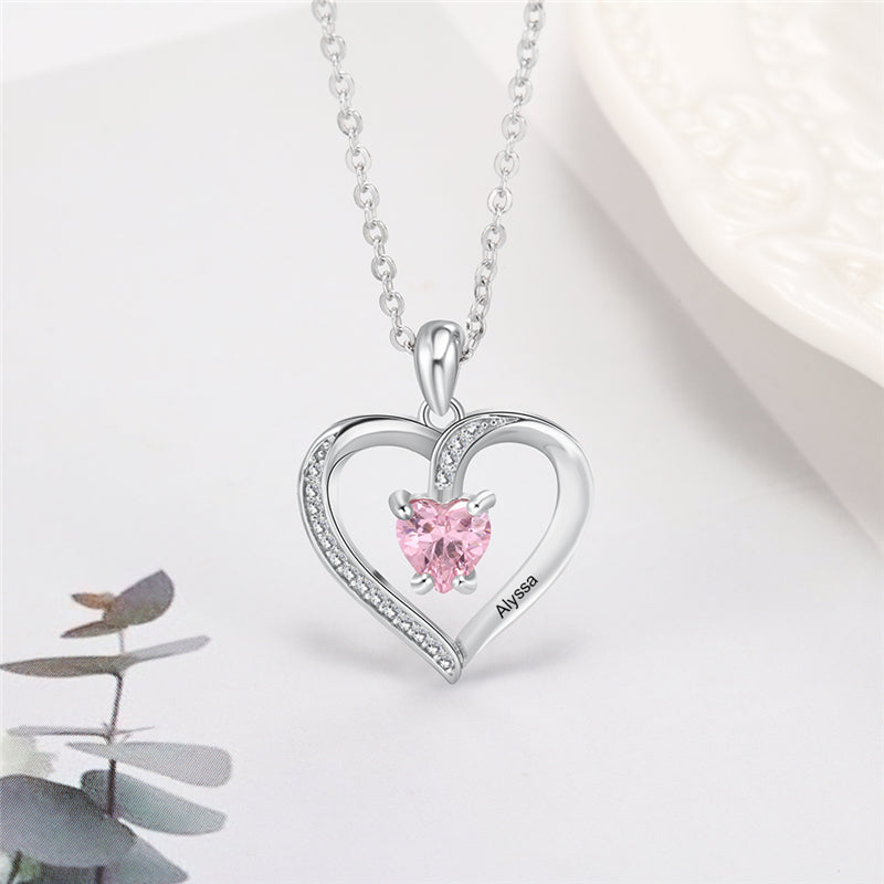 Custom 925 Sterling Silver One Birthstone Heart Necklace - iYdr