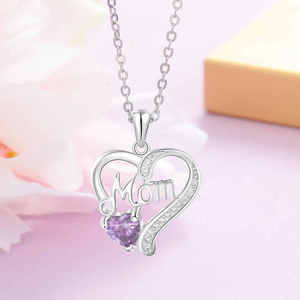 Birthstone Rhodium Plated Mom Necklace