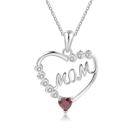 Birthstone Rhodium Plated Heart Shape Mom Necklace