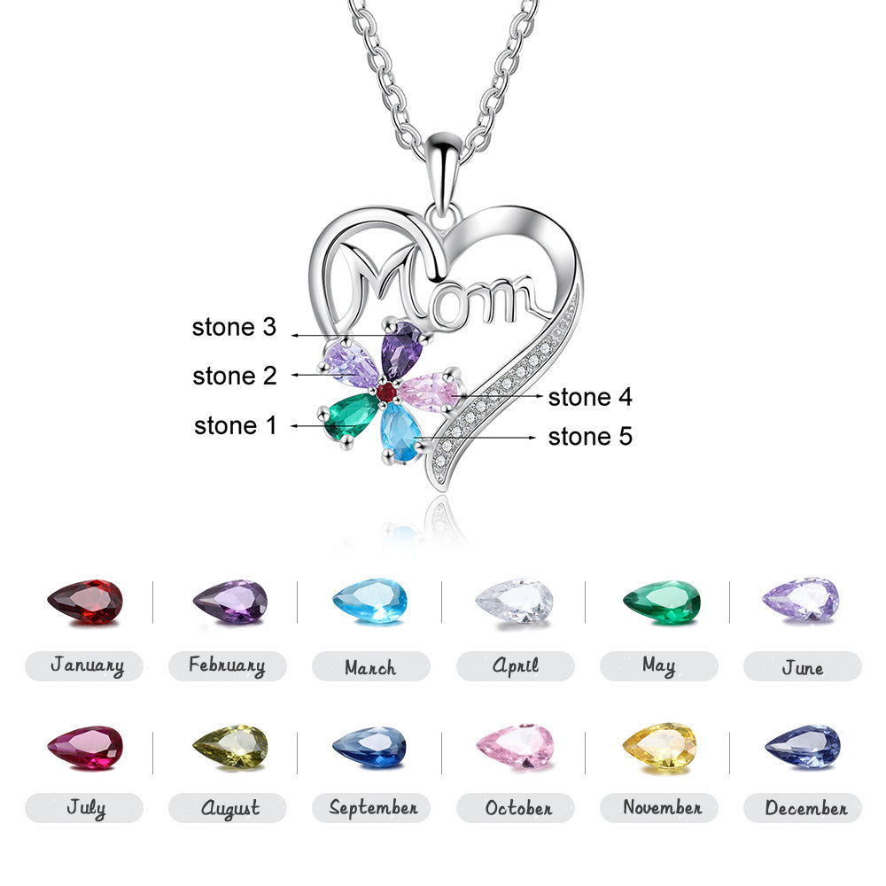 MoM Letter Heart Shape Pendant Necklace with Flower Cubic Zircon