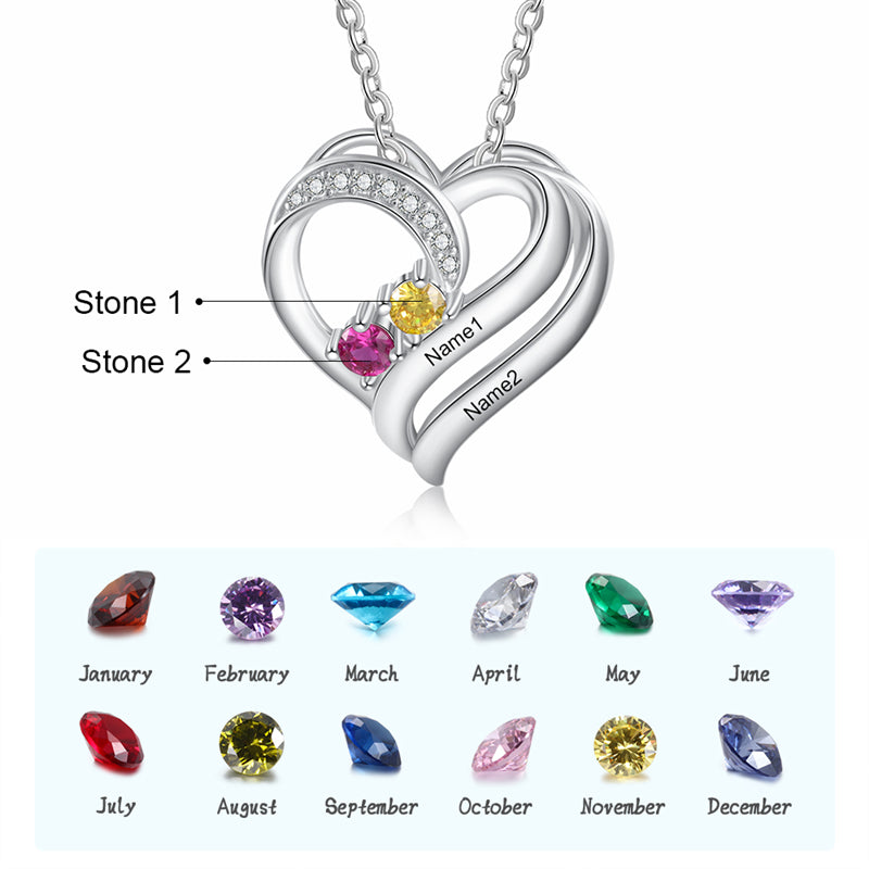 925 Sterling Silver Two Birthstone Heart Necklace - iYdr