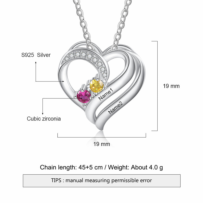 925 Sterling Silver Two Birthstone Heart Necklace - iYdr