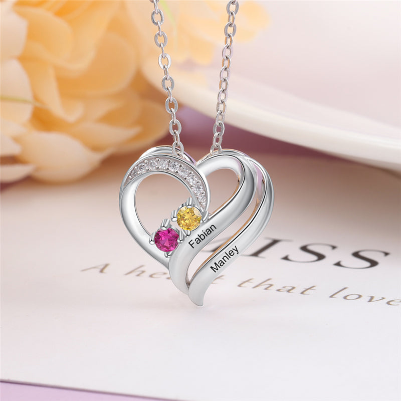 925 Sterling Silver Two Birthstone Heart Necklace - iYdr