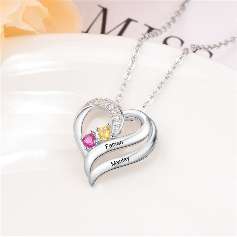 925 Sterling Silver Two Birthstone Heart Necklace - iYdr