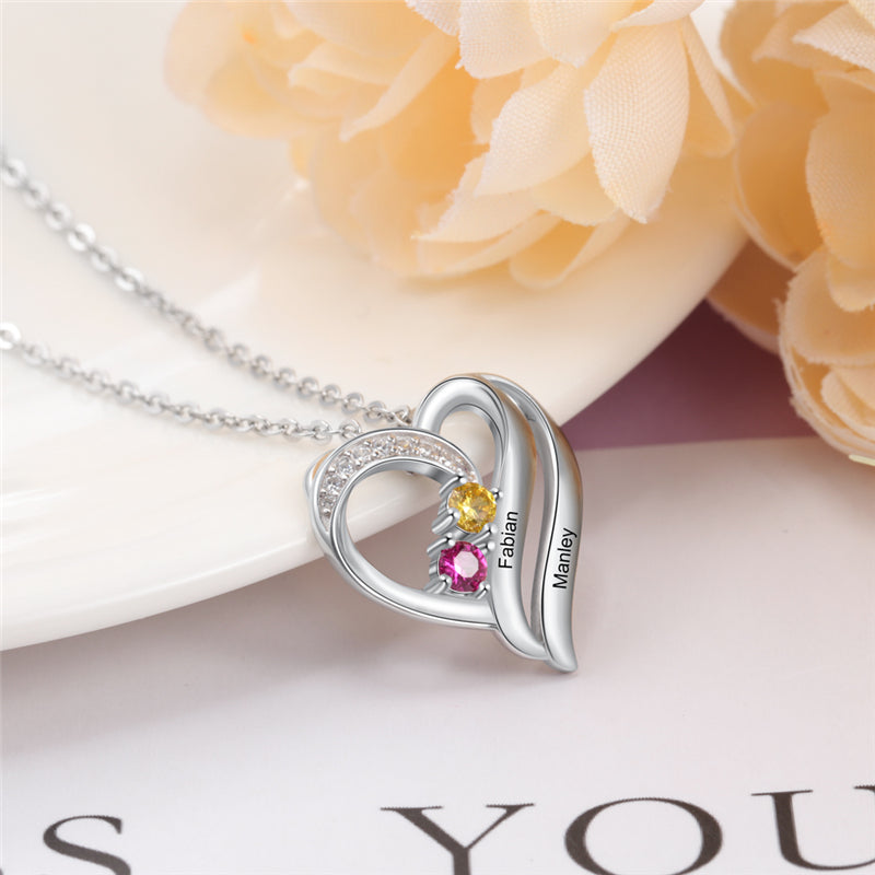 925 Sterling Silver Two Birthstone Heart Necklace - iYdr