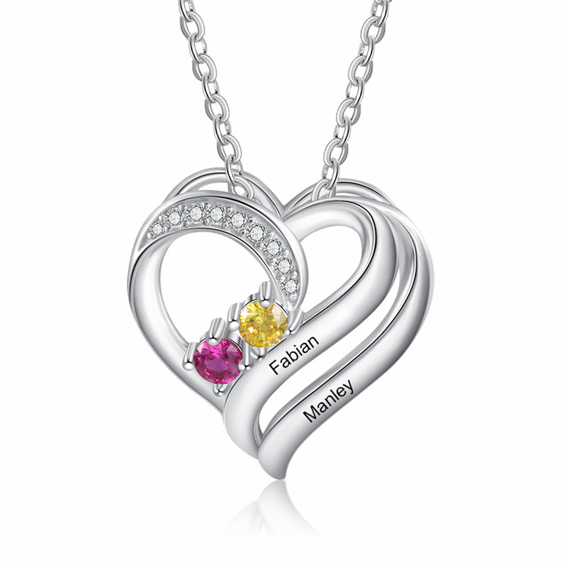 925 Sterling Silver Two Birthstone Heart Necklace - iYdr