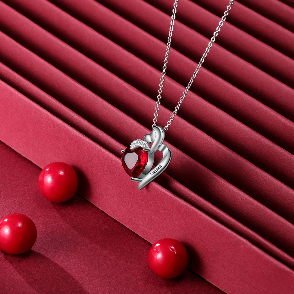 Rhodium Plated Heart Shape Birthstone Necklace