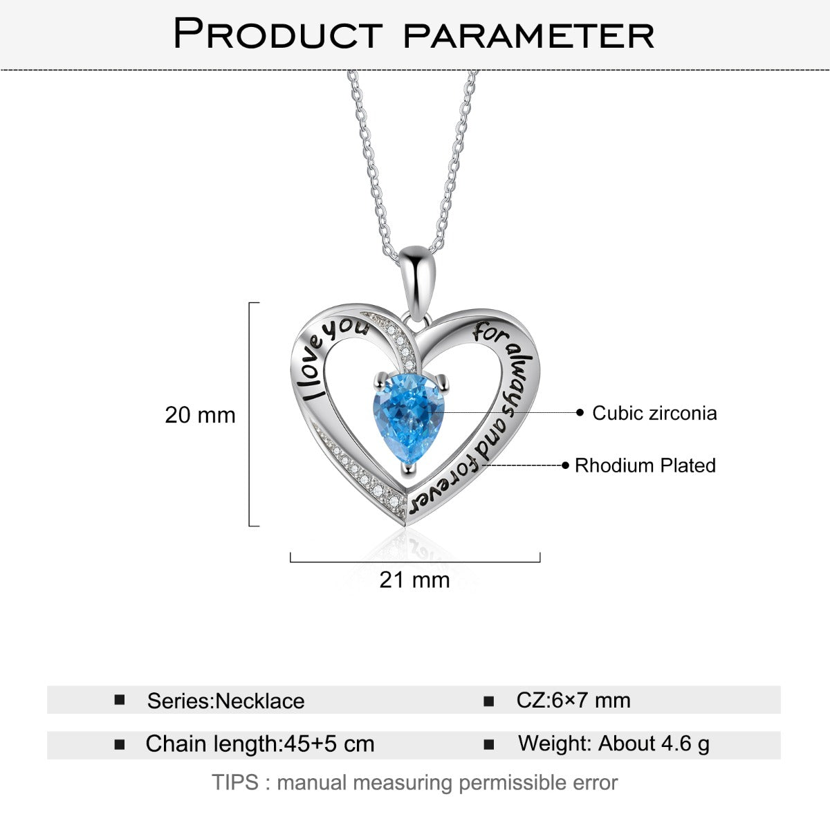 Rhodium Plated Birthstone Heart Necklace - iYdr