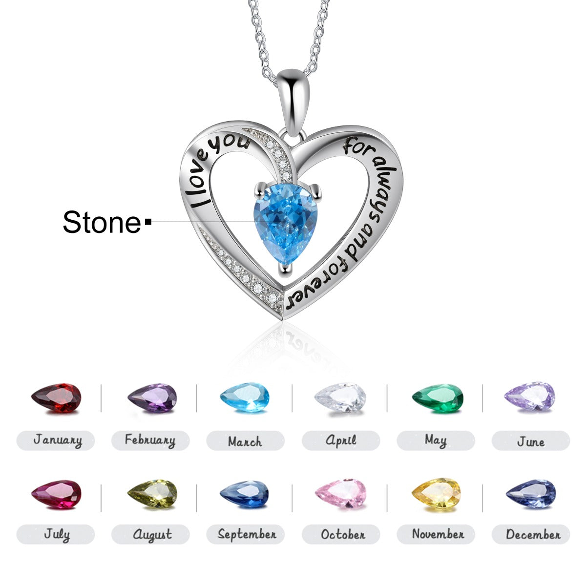 Rhodium Plated Birthstone Heart Necklace - iYdr