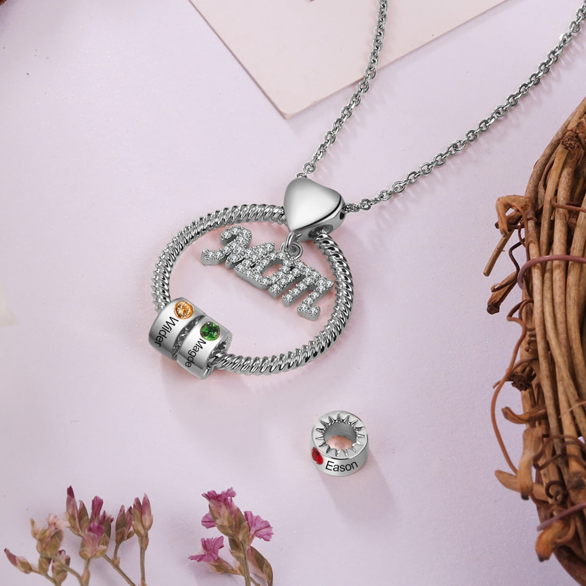 Personalized Rhodium Plated MOM Necklace