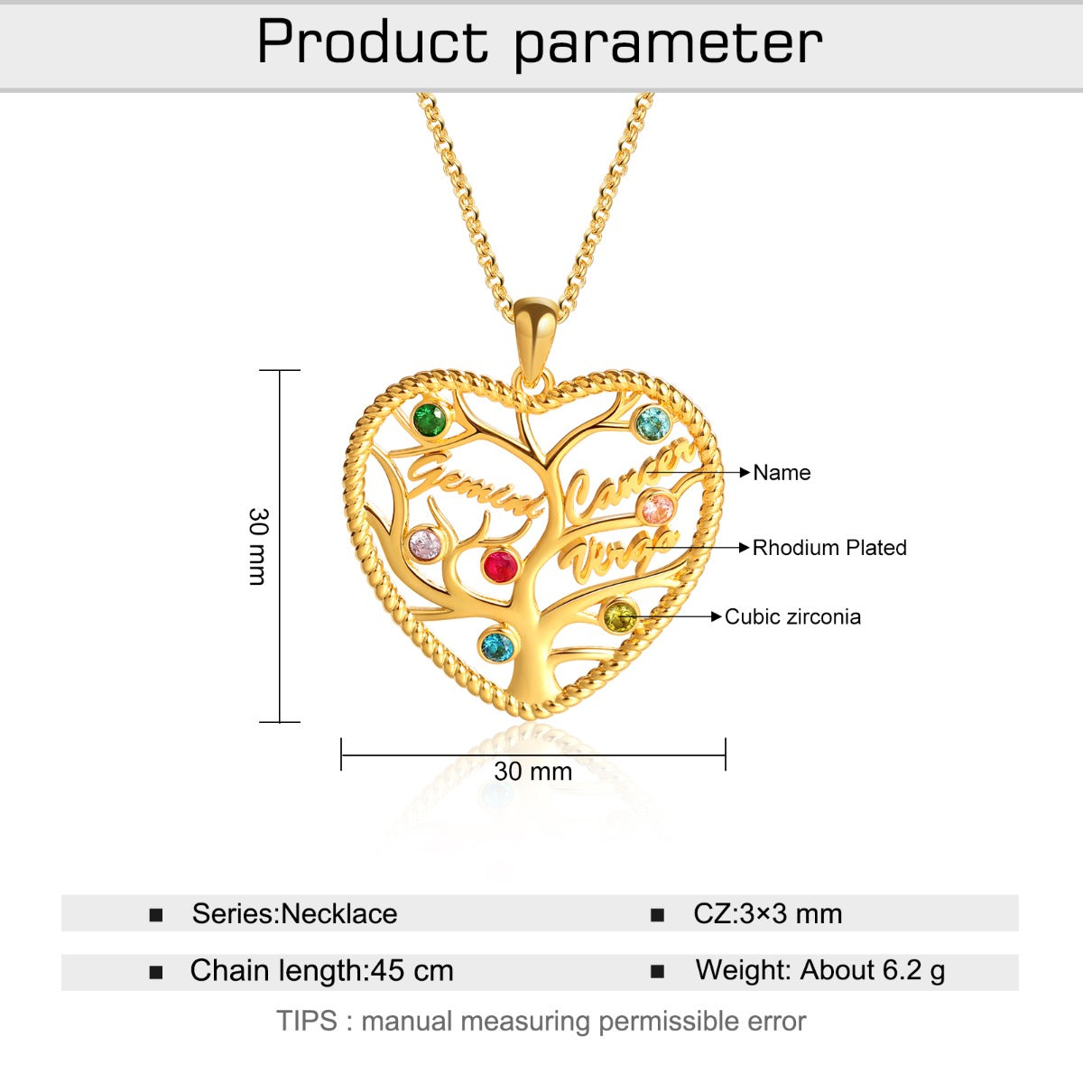 Heart Shape Rhodium Plated Family Tree Necklace