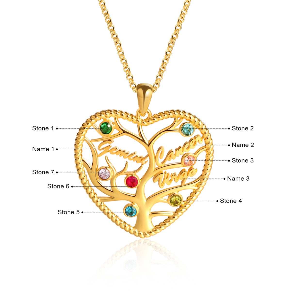 Heart Shape Rhodium Plated Family Tree Necklace