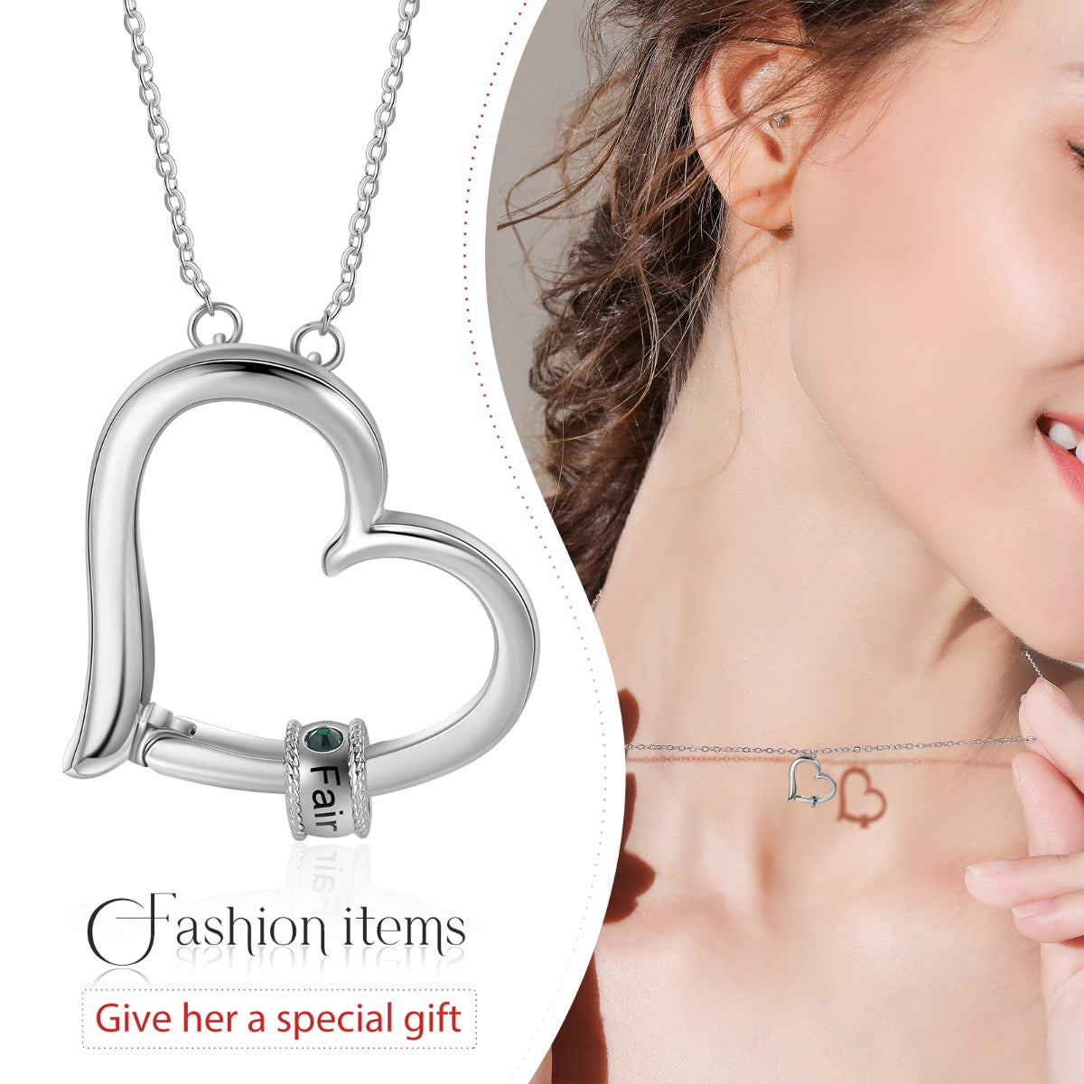 Birthstone & Engraved Rhodium plated Necklace