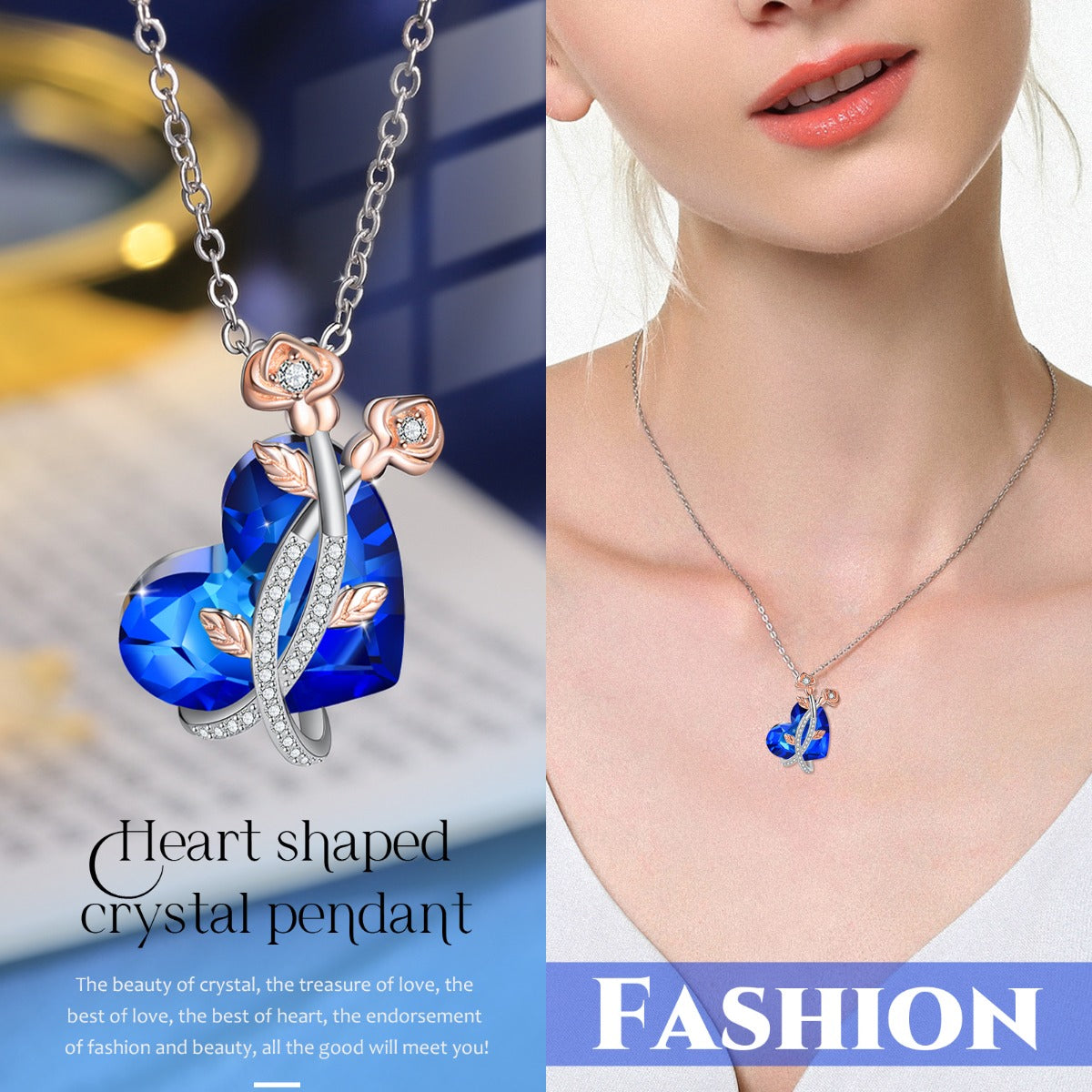 Rhodium Plated Crystal Heart Rose Flower Necklace