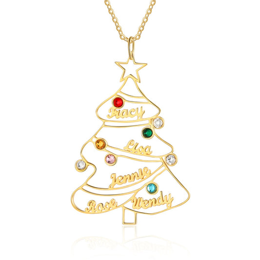 Famliy Engraved Rhodium Plated Christmas Tree Necklace