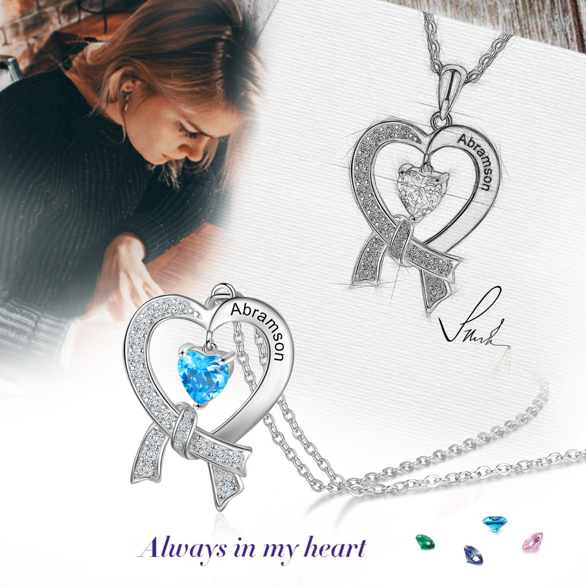 S925 Silver Birthstone Heart Shape Pendant Necklace