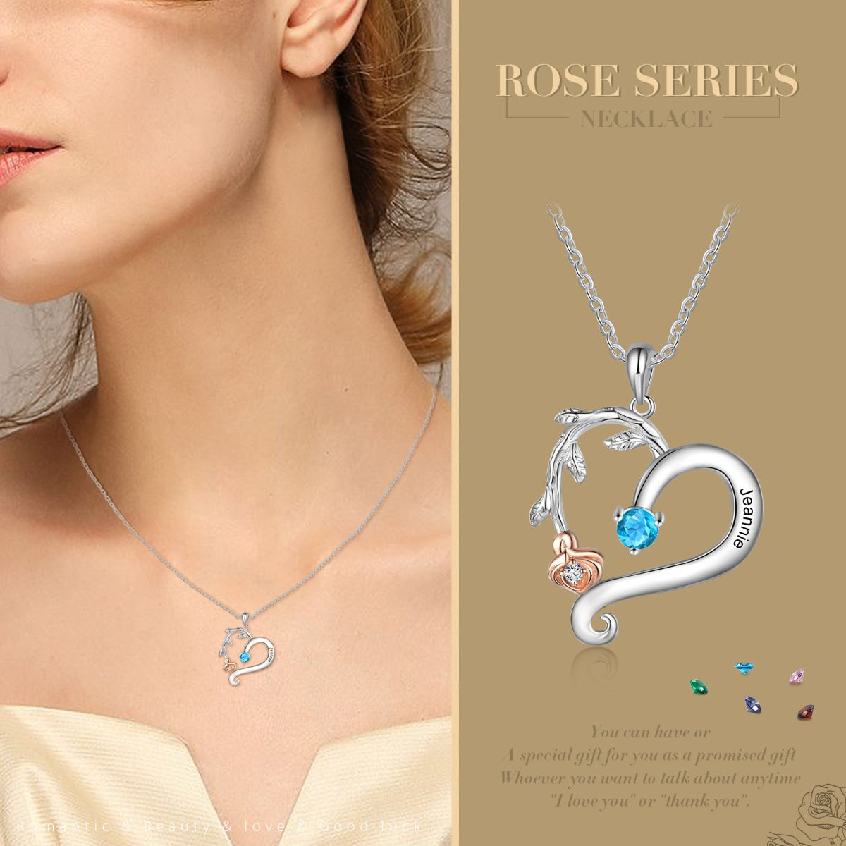 Engraved S925 Silver Rose Flower Heart Shape Pendant Necklace