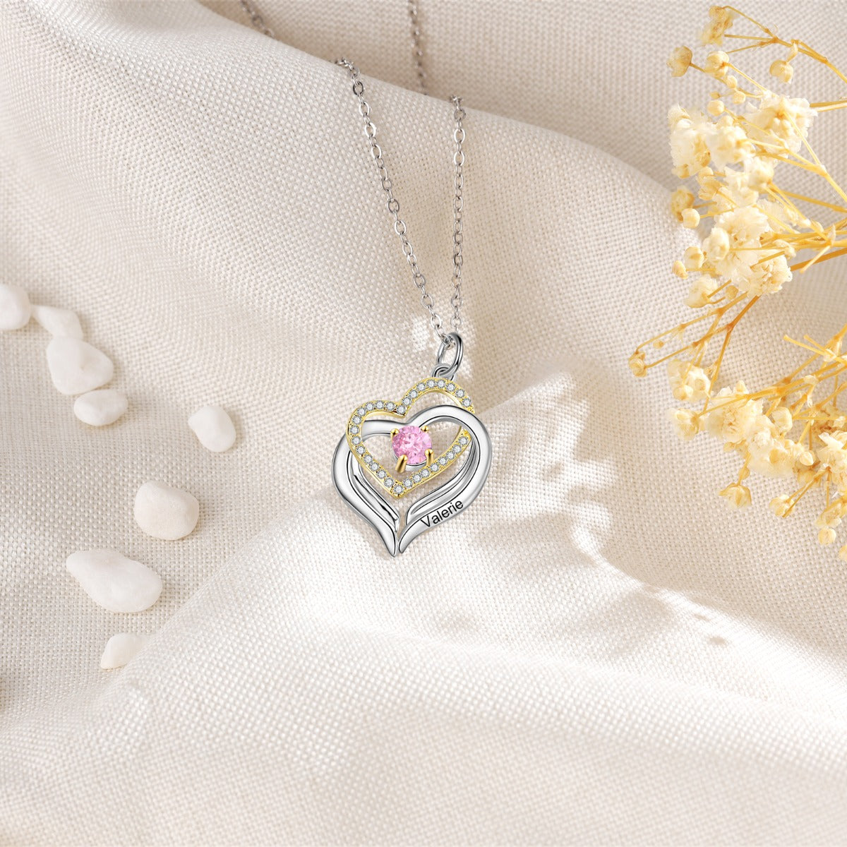 Rhodium Plated Birthstone Heart Necklace - iYdr