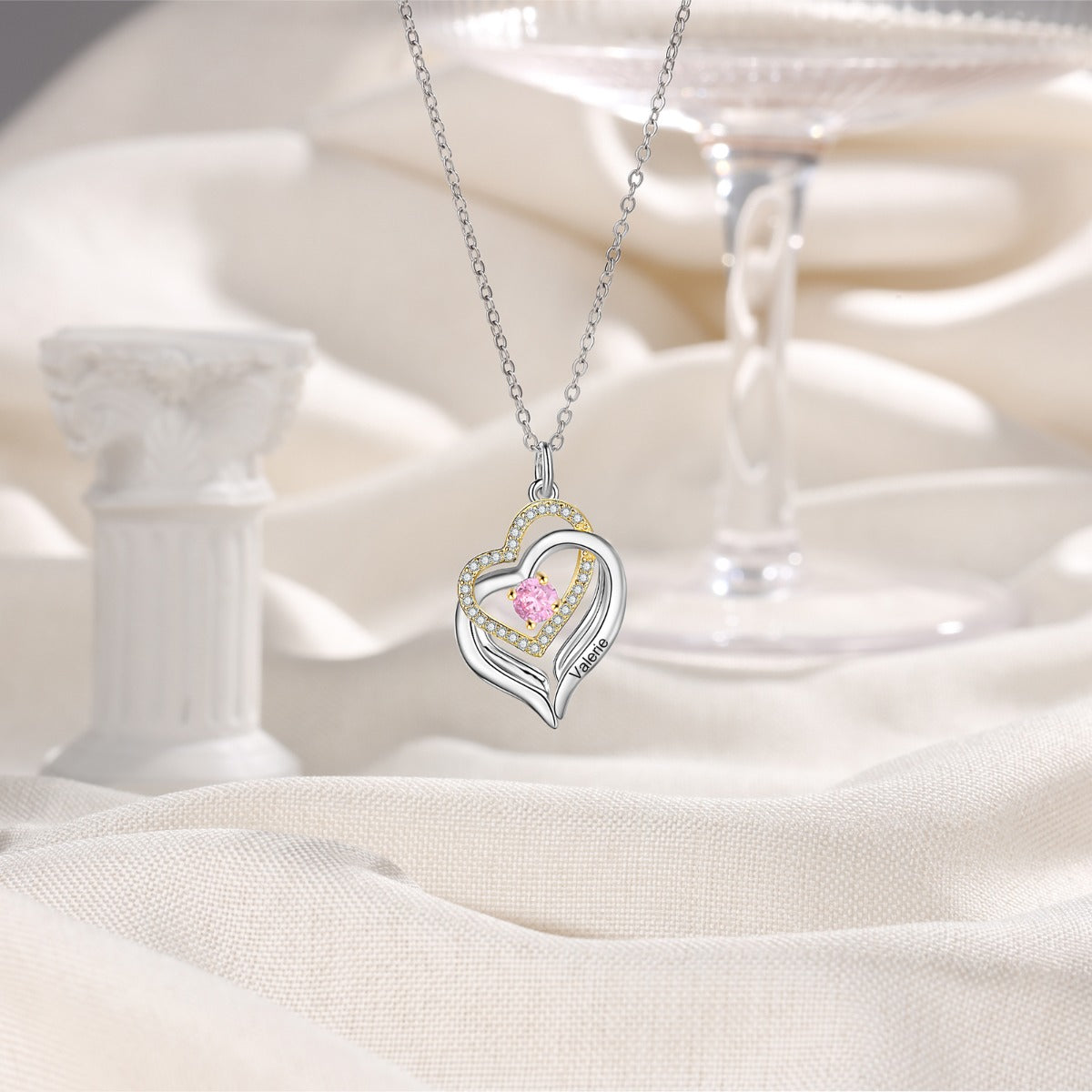 Rhodium Plated Birthstone Heart Necklace - iYdr