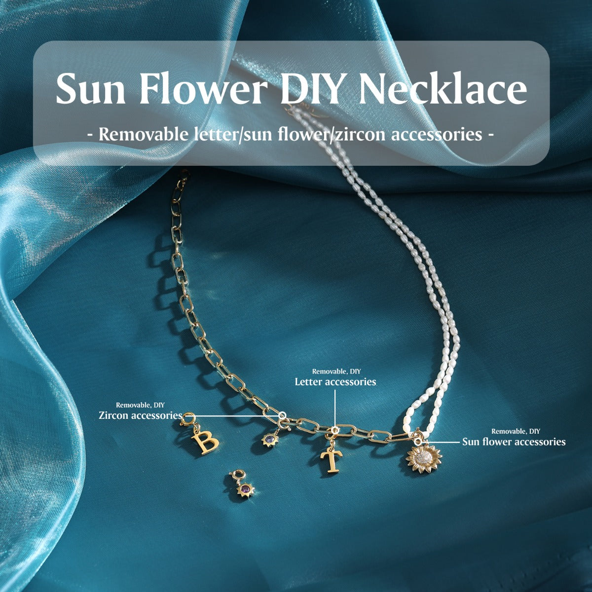 Rhodium Plated Sunflower Letter Pearl Necklace
