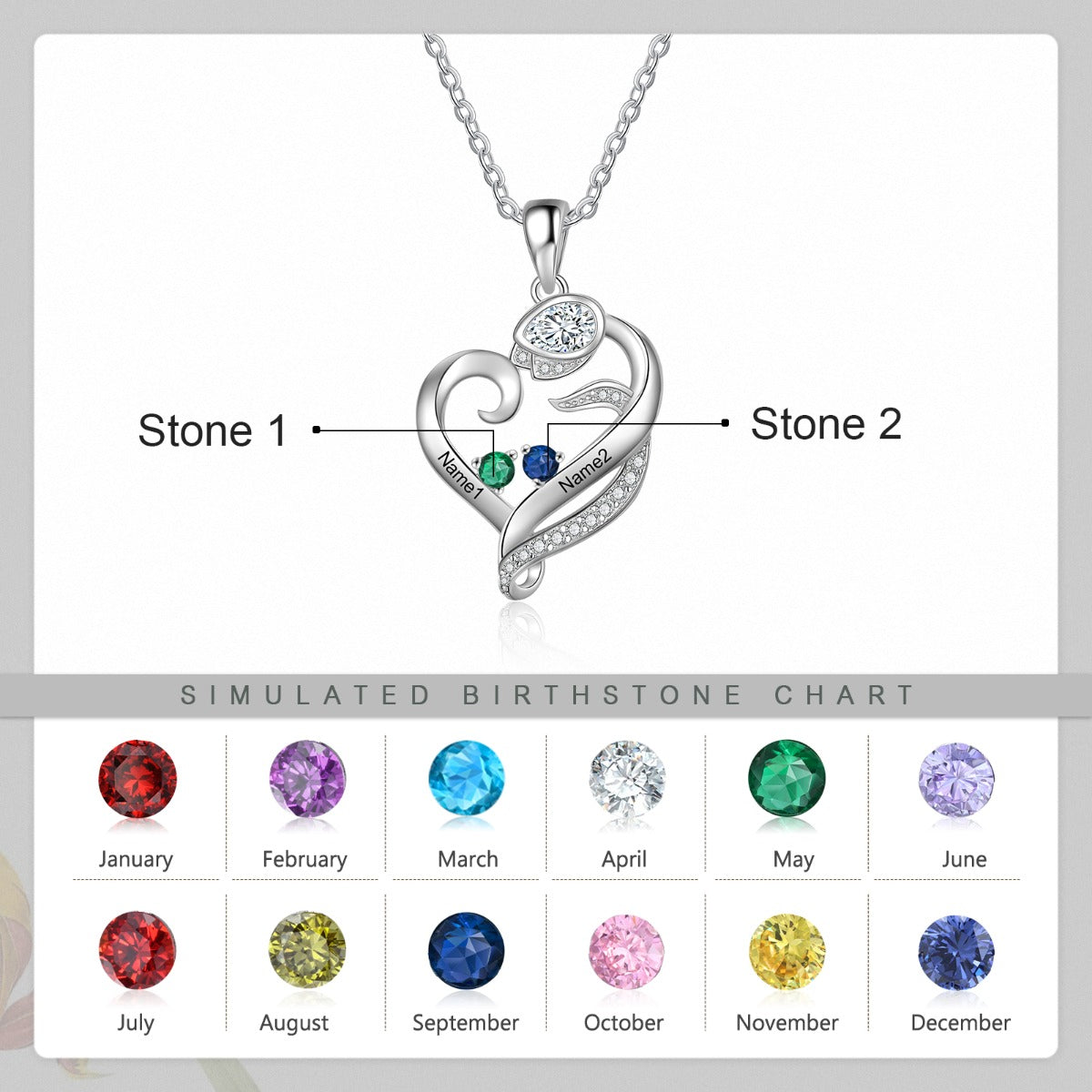 Birthstone & Engraved Rhodium plated Necklace