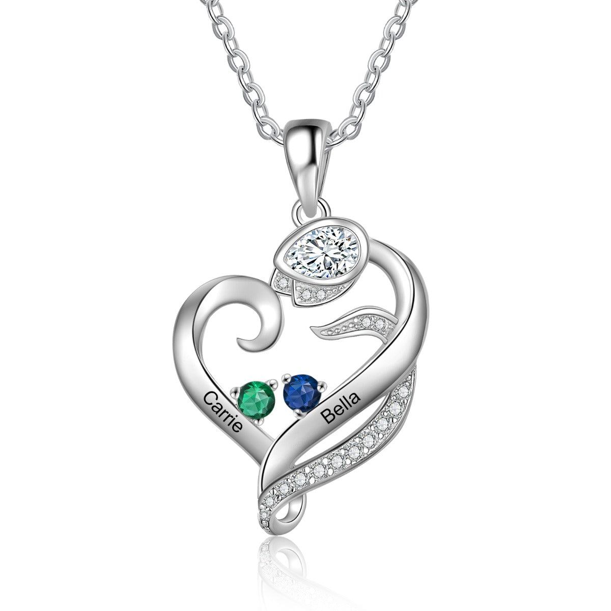 Birthstone & Engraved Rhodium plated Necklace