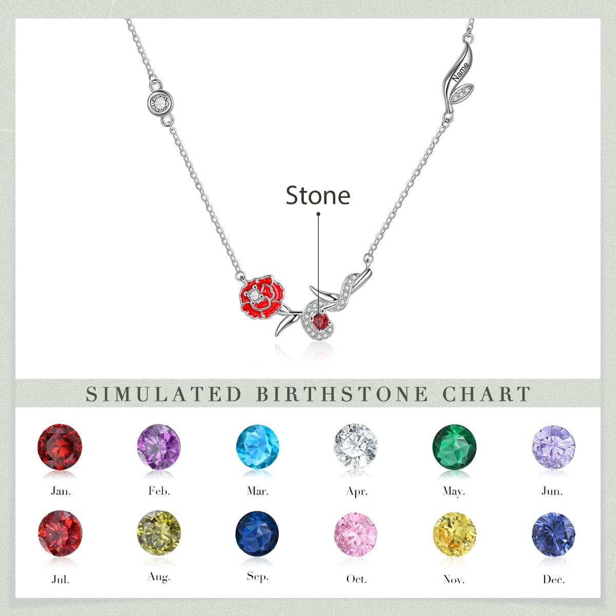 Engraved Rhodium Plated Birthday Stone Birthflower Necklace