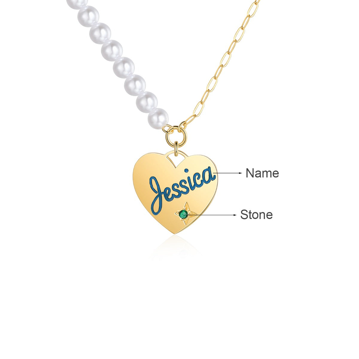 Personalized Birthstone Heart Pearl Name Necklace