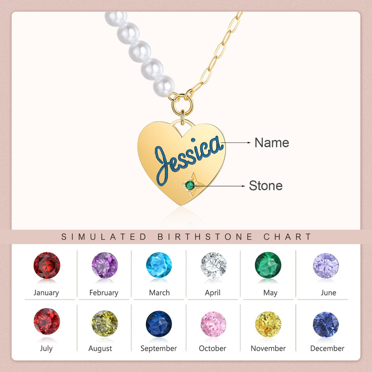 Personalized Birthstone Heart Pearl Name Necklace