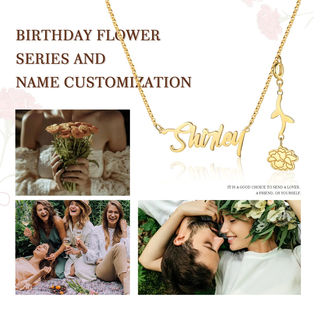 Personalized Rhodium Plated Birthflower Name Pendant Necklace