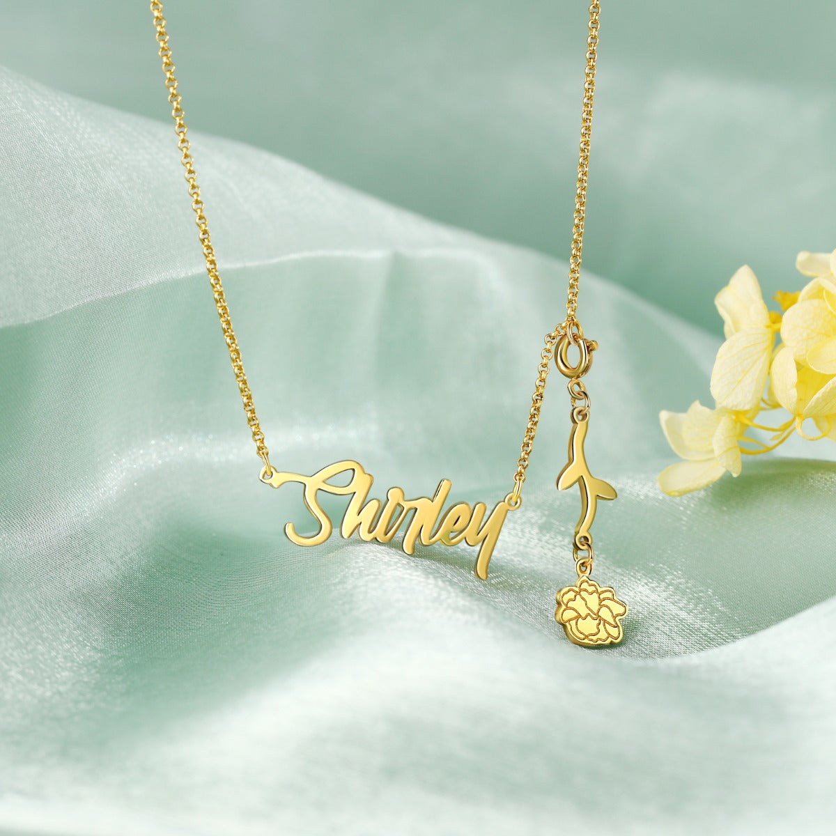 Personalized Rhodium Plated Birthflower Name Pendant Necklace