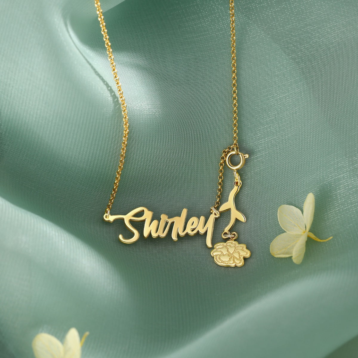 Personalized Rhodium Plated Birthflower Name Pendant Necklace