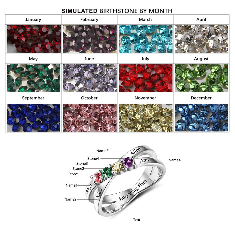 925 Silver Four Birthstones Rings