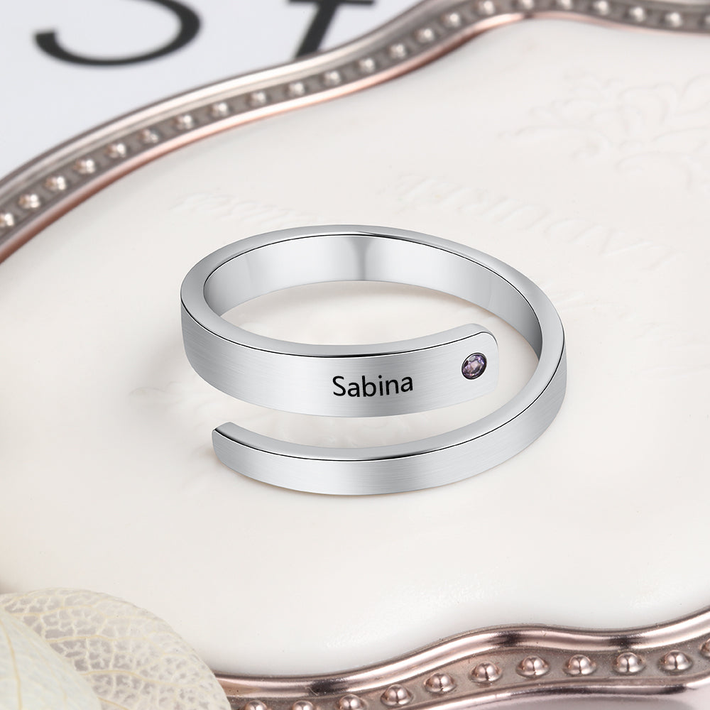 Birthstone & Engraved Stainless Steel Ring