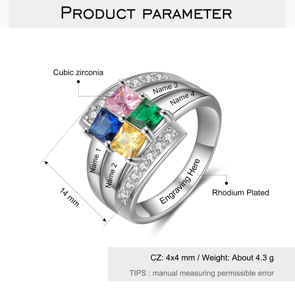 Birthstone & Engraved Rhodium plated Ring