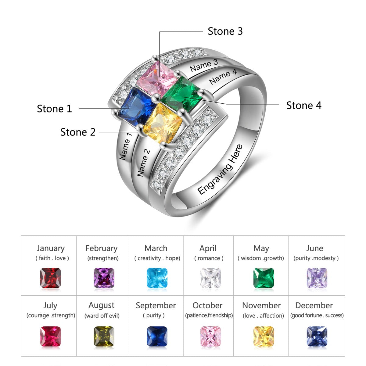 Birthstone & Engraved Rhodium plated Ring