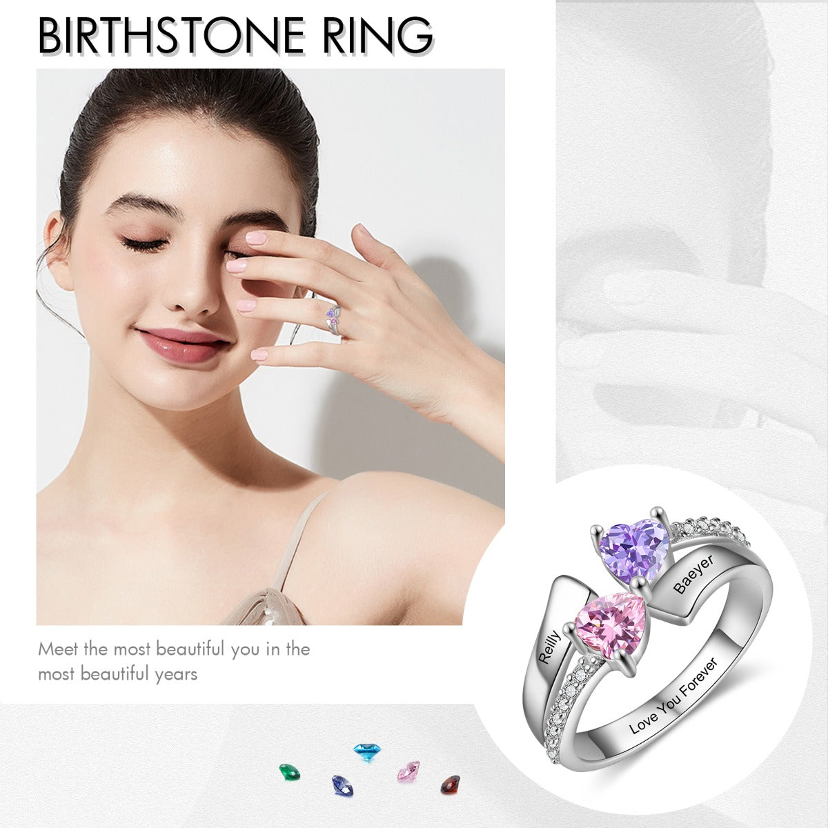 Engraved S925 Silver Heart Birthtsone Ring