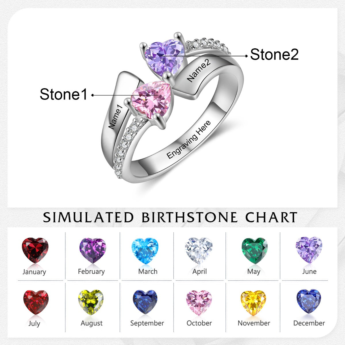 Engraved S925 Silver Heart Birthtsone Ring